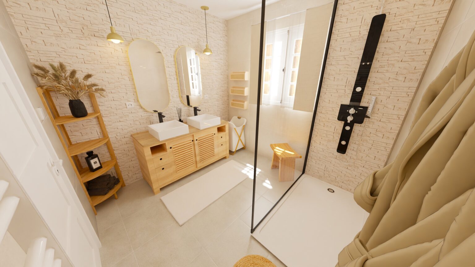 Projection 3D d'une salle de bain avec meuble bois et verrière